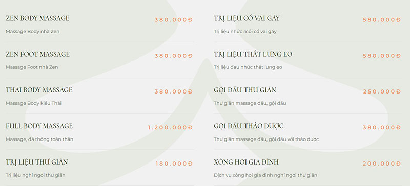 Bảng giá zen spa trần hưng đạo