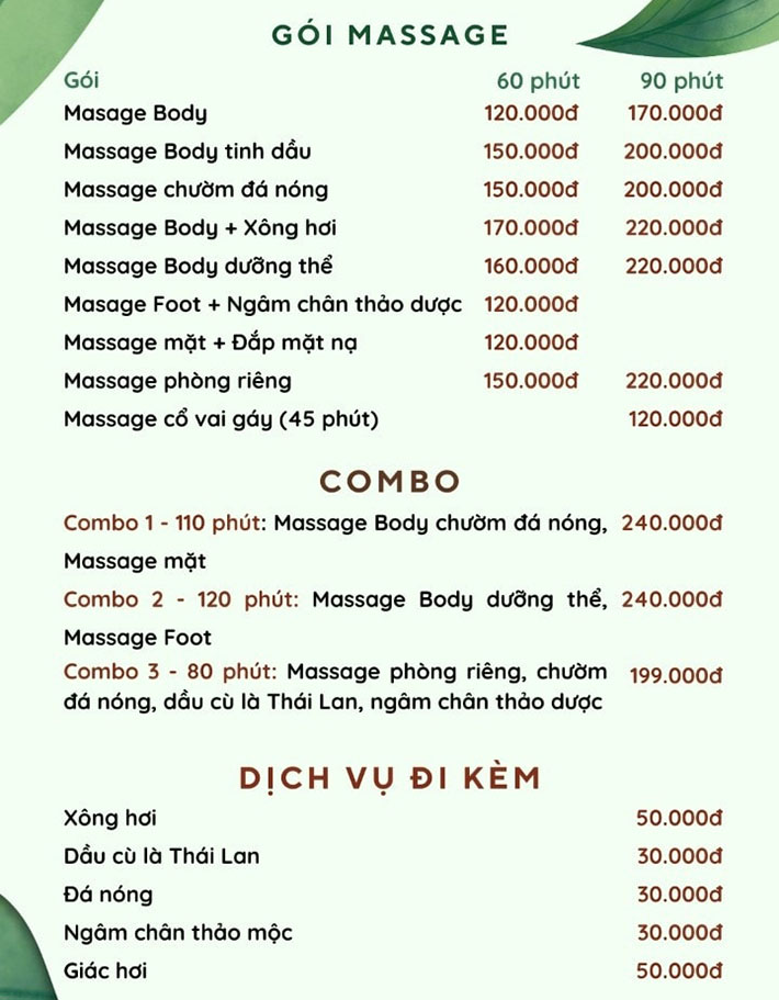 Bảng giá massage MInh Thiện - Q11