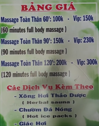 Bảng giá massage hy vọng