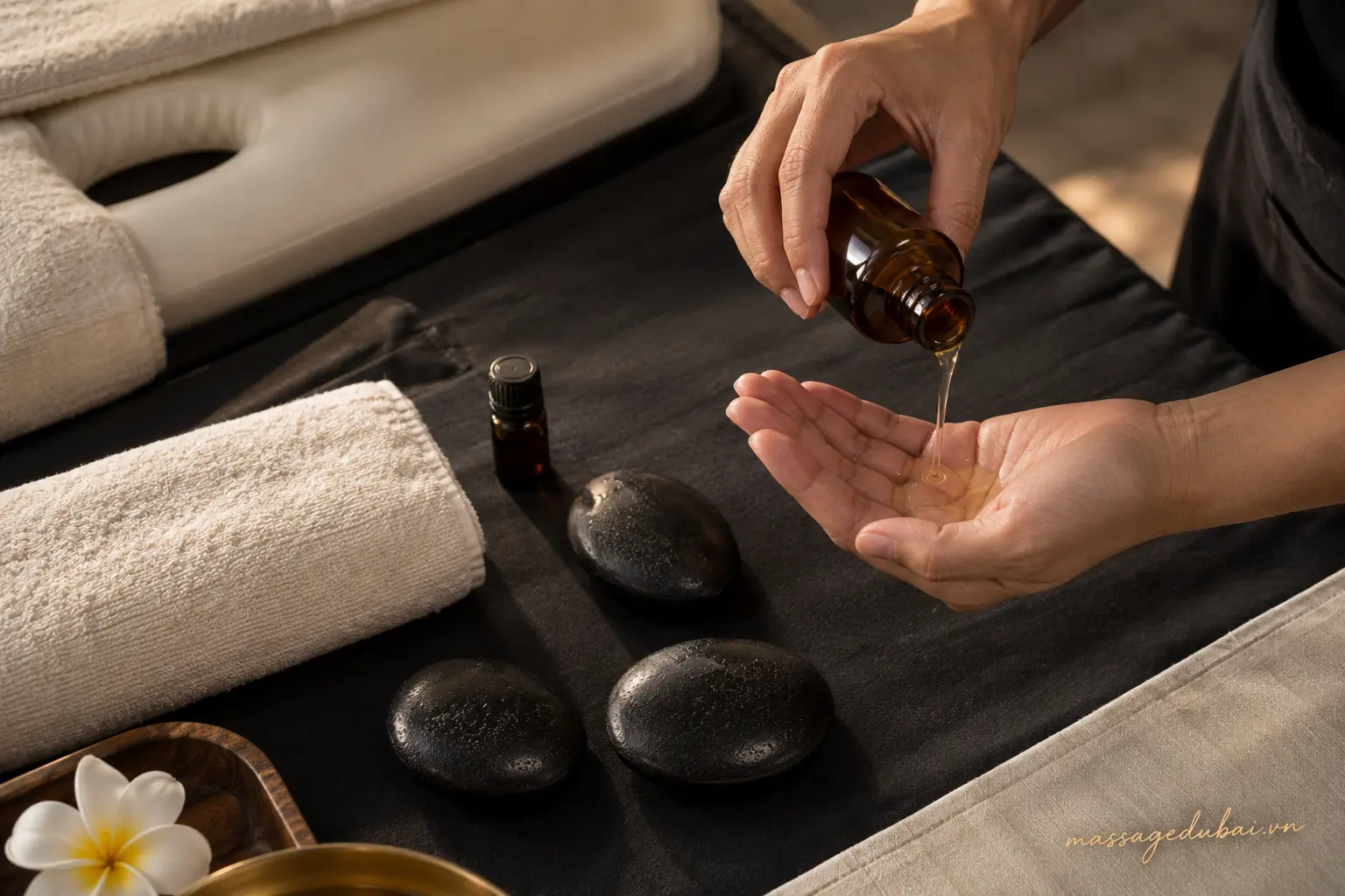 Dầu nền, tinh dầu và đá nóng chuẩn bị cho massage dầu quận 1