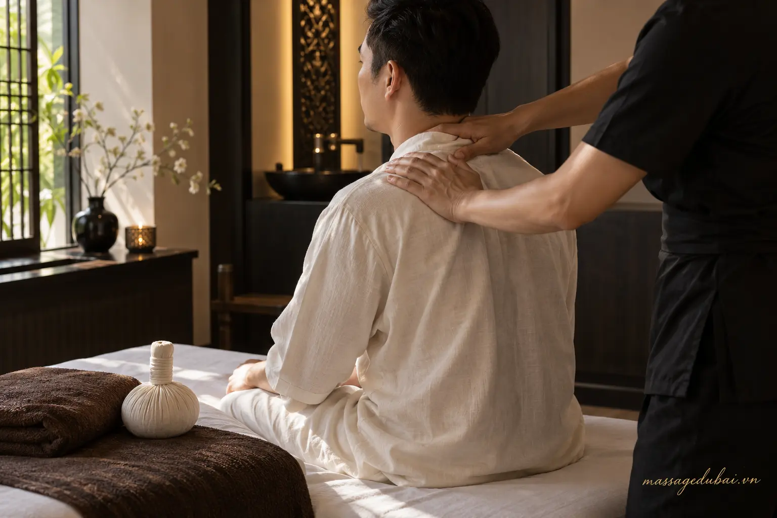 Massage khô quận 1 thực hiện qua trang phục trên giường massage