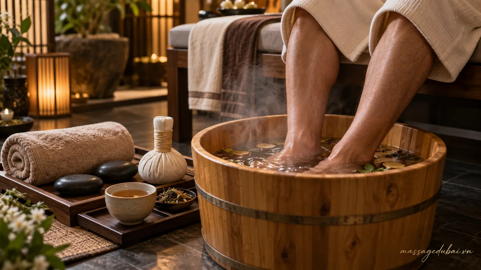 Ngâm chân thảo dược và khăn ấm trong trải nghiệm massage onsen
