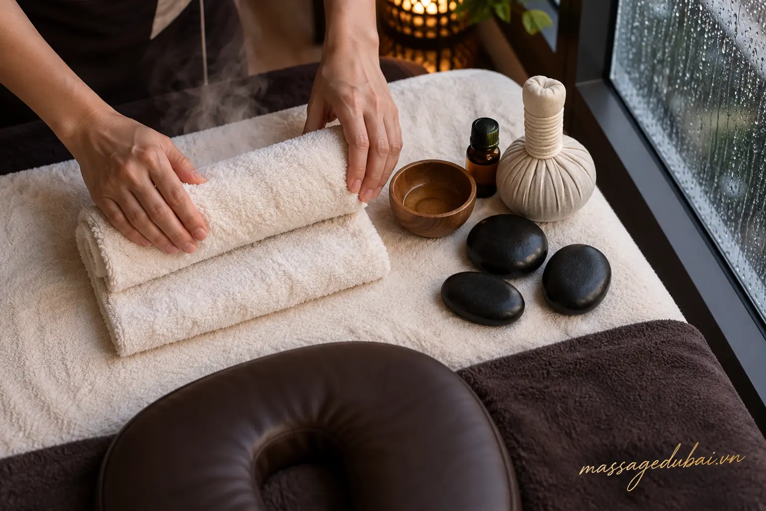 Khăn mềm, đá nóng và tinh dầu chuẩn bị cho massage quận 1 ngày mưa