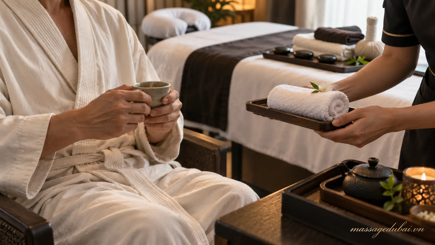 Khăn ấm và trà thảo mộc sau buổi massage quận 1