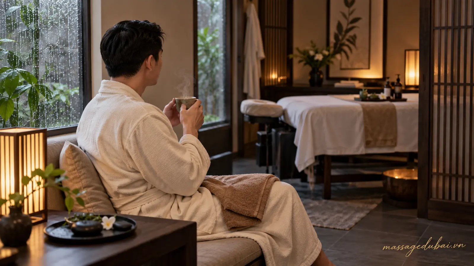 Khách nghỉ với trà thảo mộc sau buổi massage quận 1