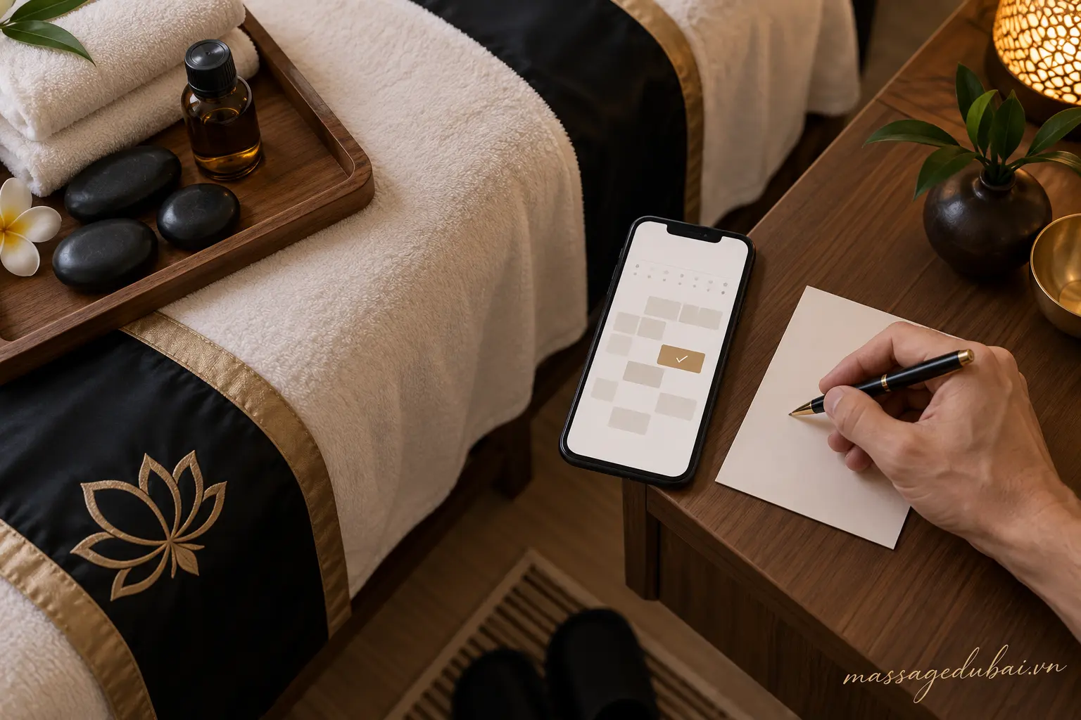 Xác nhận lịch massage quận 1 bên cạnh khăn và đá nóng